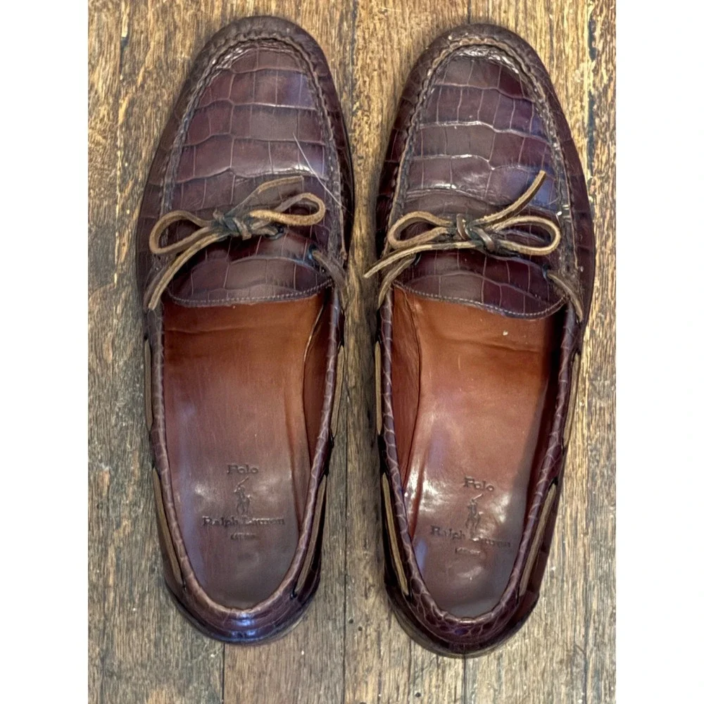 Polo Ralph Lauren Loafers 11D Mens Brown Crocodile Embossed Boat Shoe Vintage‎